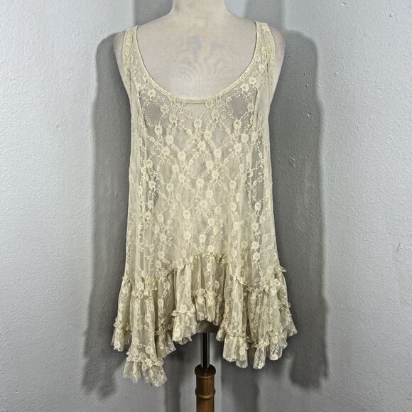 Free People Top Womens Small Ivory Everything in Lace Tunic Tiered Blouse - Picture 1 of 9